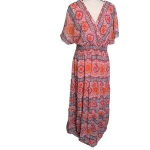 Rabbit Designs Dress Womens 18 Maxi Smocked Waist V Neck Orange Tiered Lined‎